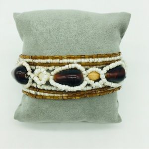 Unique Seed Bead Amber Glass Cuff Adjustable Statement Bracelet Boho